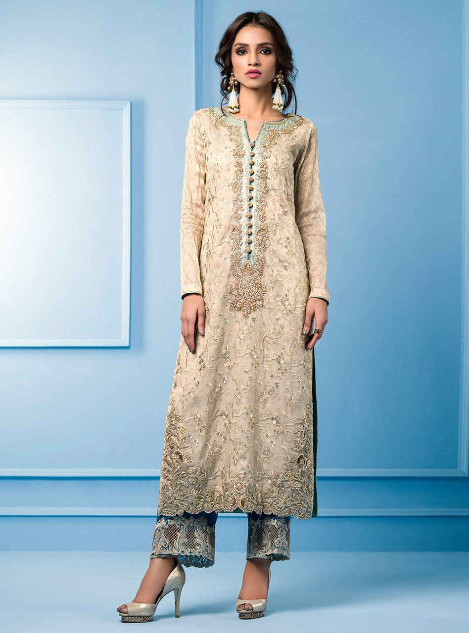 Zainab Chottani | Semi Formals | BEIGE AND TURQUOISE by Zainab Chottani - Designer Dress - Type: Ladies Clothes - Available at Libayah - 100% Original