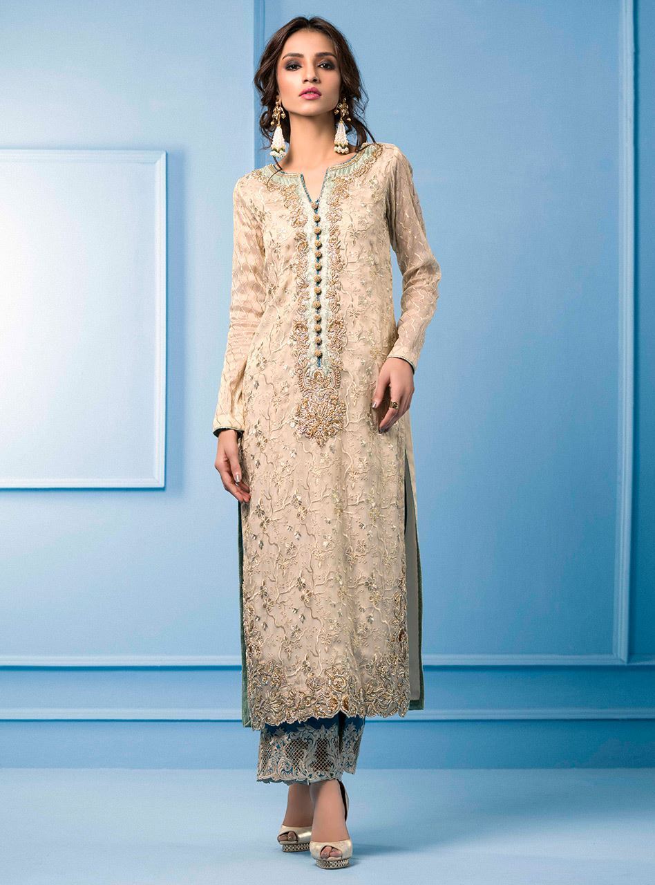 Zainab Chottani | Semi Formals | BEIGE AND TURQUOISE by Zainab Chottani - Designer Dress - Type: Ladies Clothes - Available at Libayah - 100% Original