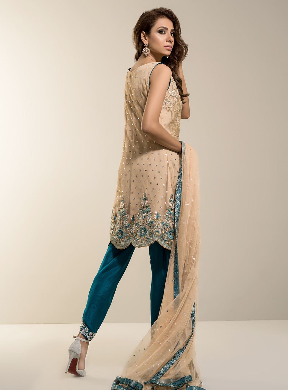 Zainab Chottani | Semi Formals | BEIGE GOLD WITH TEAL DRESS by Zainab Chottani - Designer Dress - Type: Ladies Clothes - Available at Libayah - 100% Original
