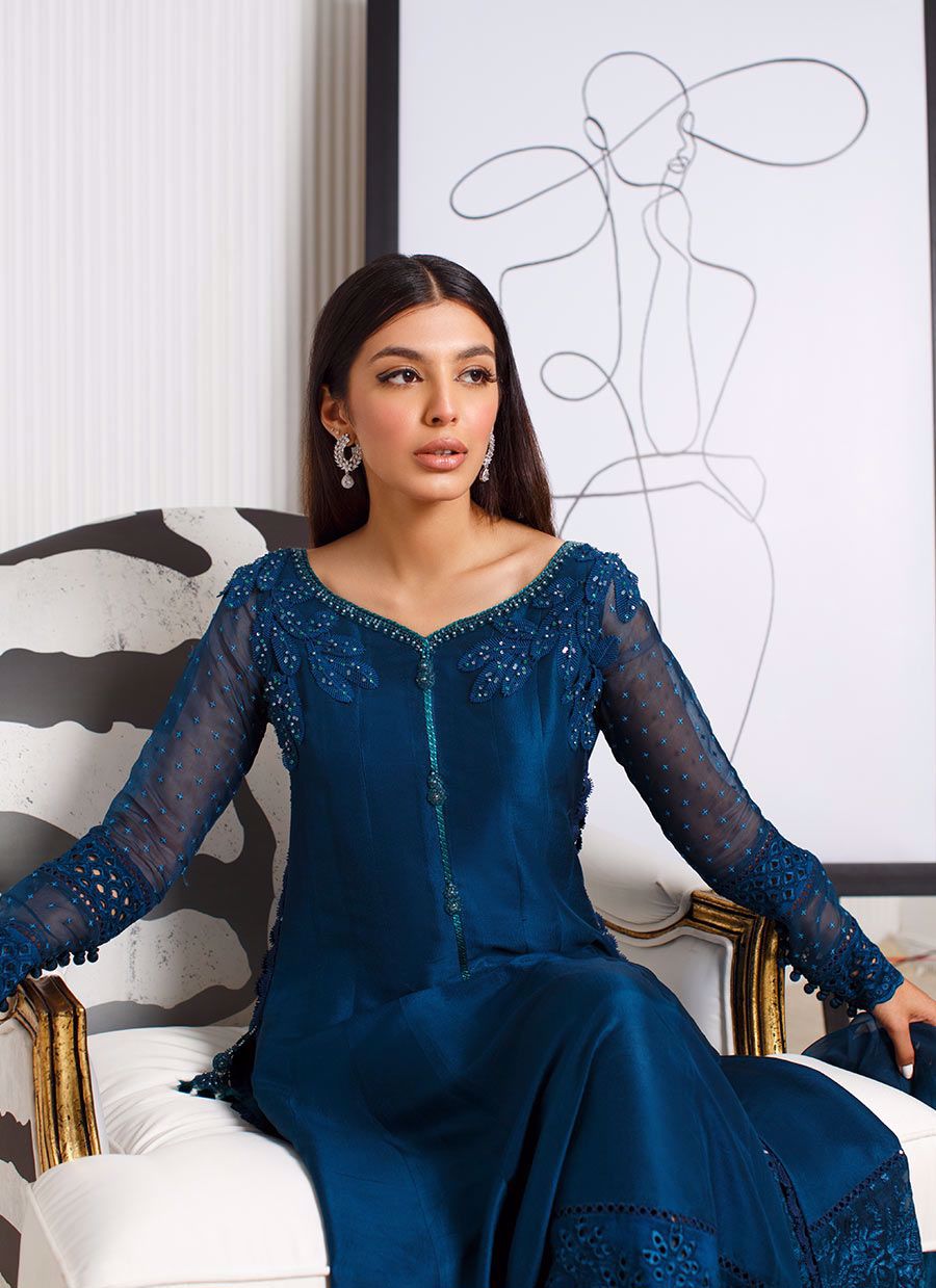 Farah Talib Aziz | Designer Picks 24 | SAPPHIRE CUTWORK SHIRT AND DUPATTA by Farah Talib Aziz - Designer Dress - Type: Ladies Clothes - Available at Libayah - 100% Original