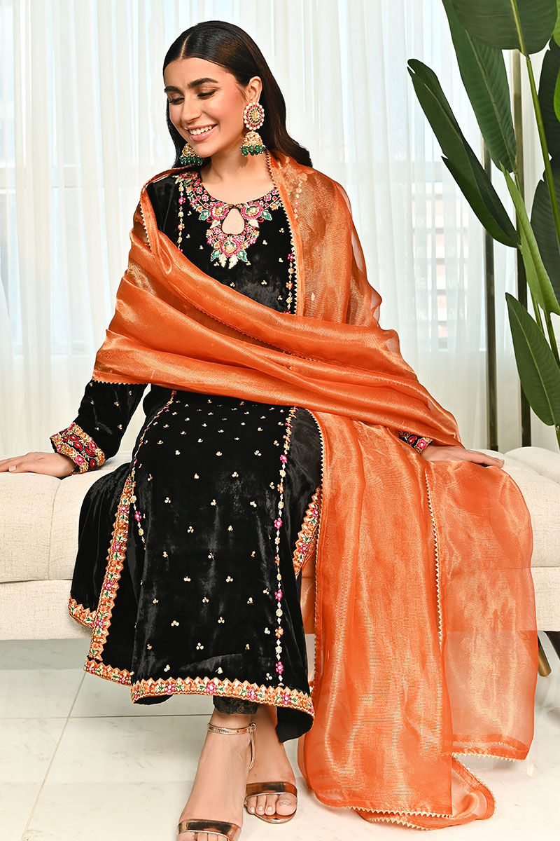 Ansab Jahangir | Bow Velvet Edit | BLACK MIST by Ansab Jahangir - Designer Dress - Type: Ladies Clothes - Available at Libayah - 100% Original