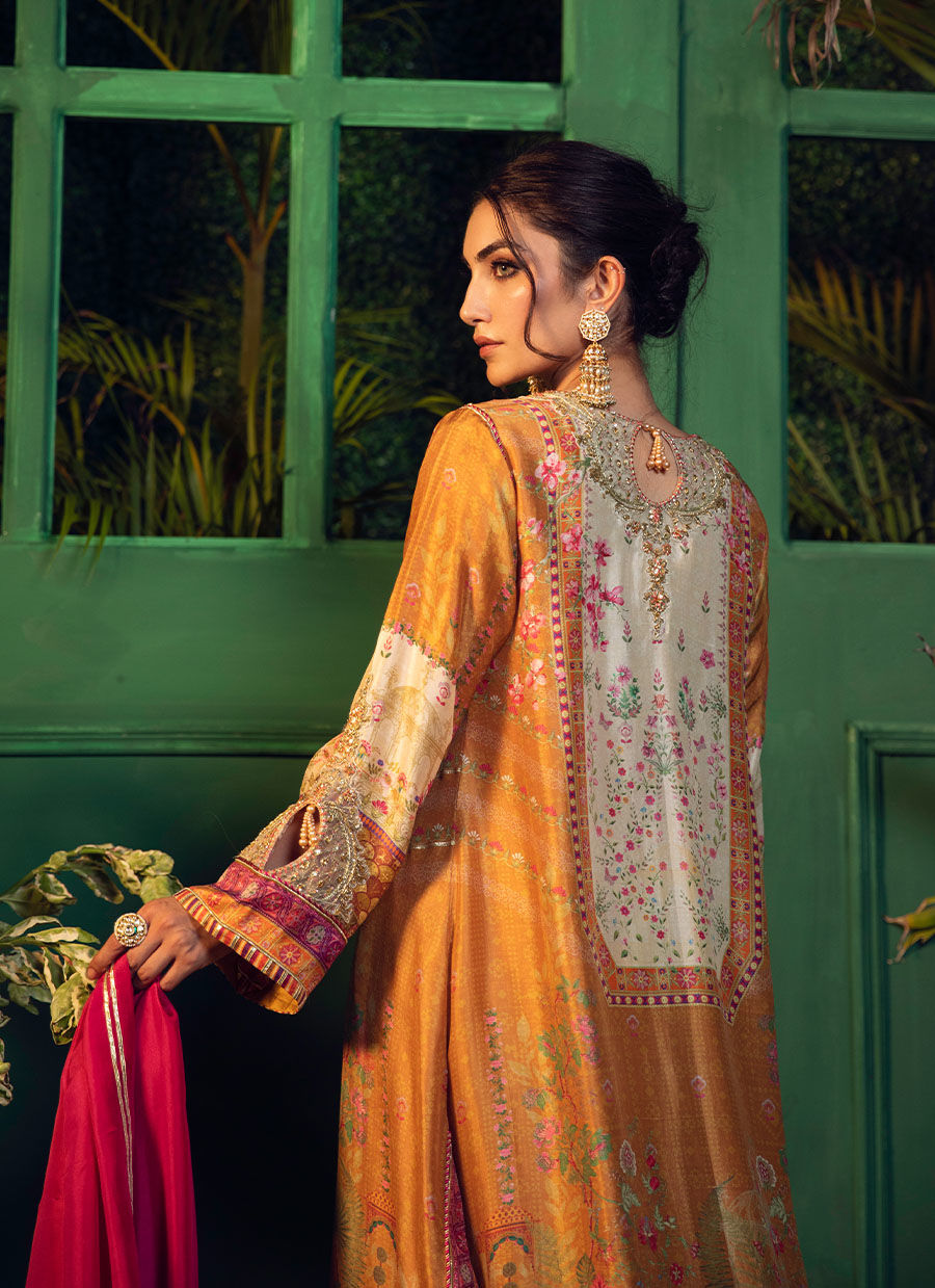 Farah Talib Aziz | Designer Picks 24 | ROSHAN PRINTED RAW SILK KURTA WITH SILK OMBRE DUPATTA by Farah Talib Aziz - Designer Dress - Type: Ladies Clothes - Available at Libayah - 100% Original