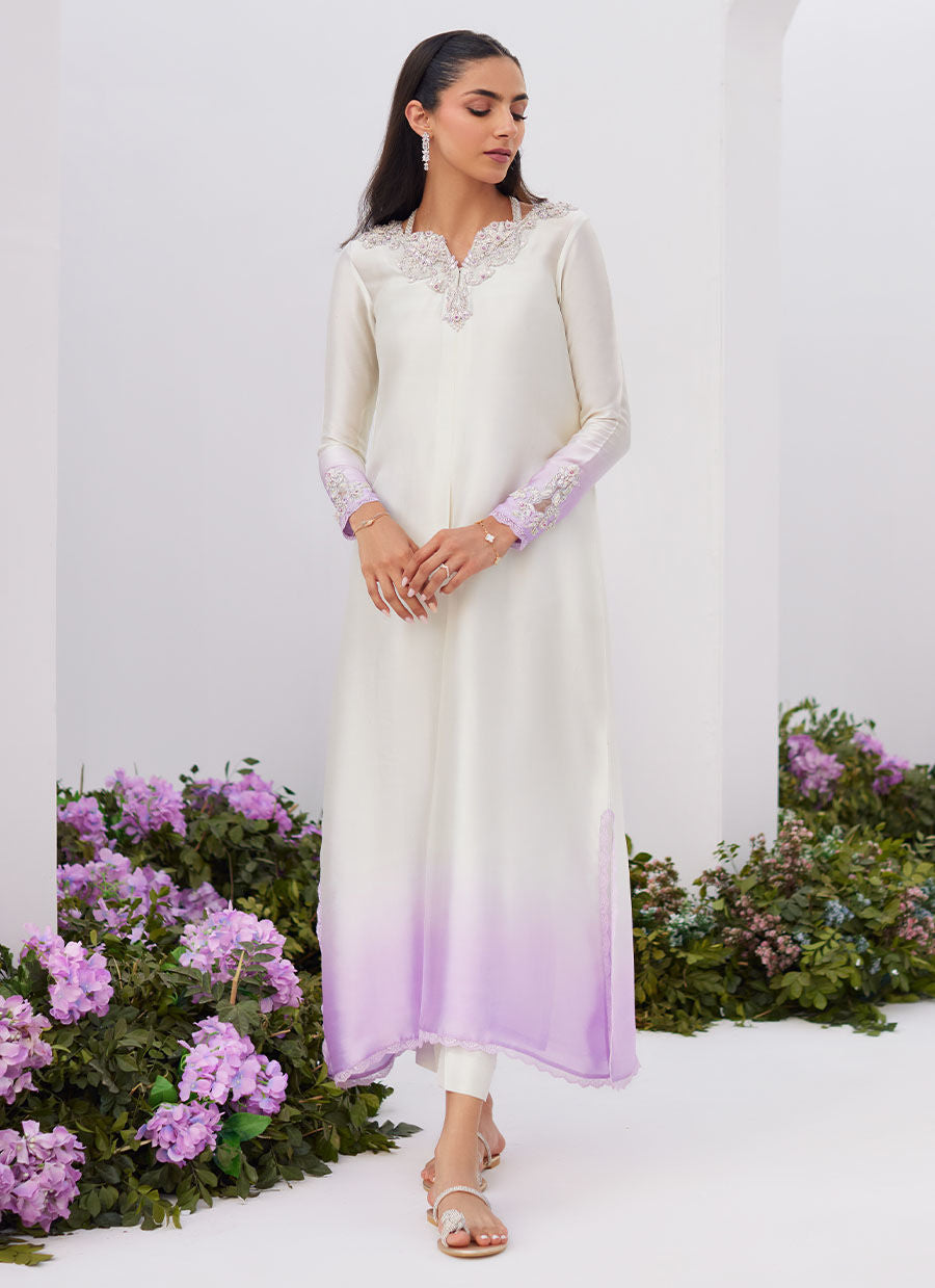 Farah Talib Aziz | Designer Picks 24 | LIQUE SILVER OMBRE EMBELLISHED KAFTAAN CUT SHIRT by Farah Talib Aziz - Designer Dress - Type: Ladies Clothes - Available at Libayah - 100% Original