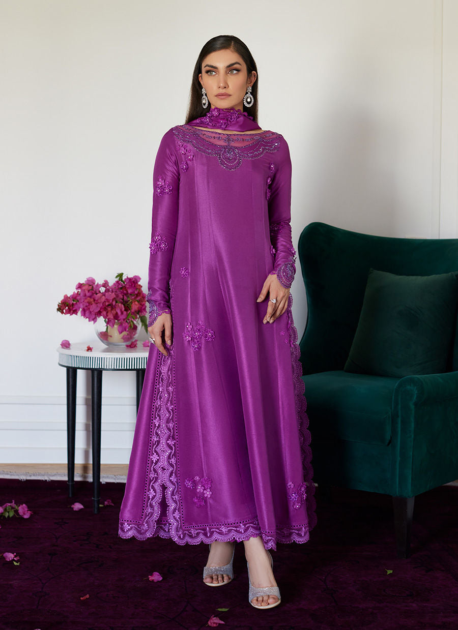 Farah Talib Aziz | Designer Picks 24 | TIERRA MUTED MAGENTA EMBROIDERED RAW SILK KALIDAR WITH DUPATTA by Farah Talib Aziz - Designer Dress - Type: Ladies Clothes - Available at Libayah - 100% Original