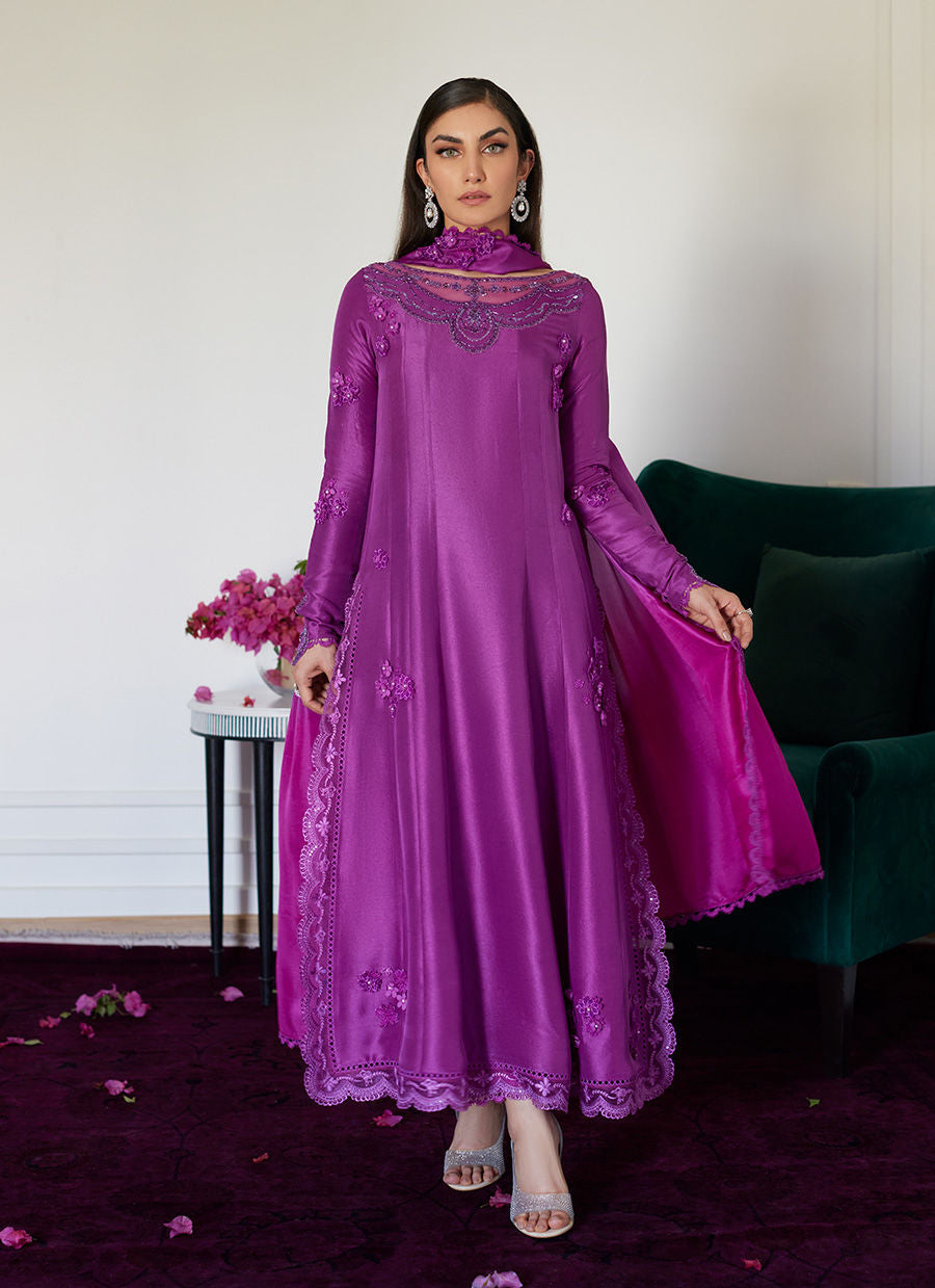 Farah Talib Aziz | Designer Picks 24 | TIERRA MUTED MAGENTA EMBROIDERED RAW SILK KALIDAR WITH DUPATTA by Farah Talib Aziz - Designer Dress - Type: Ladies Clothes - Available at Libayah - 100% Original