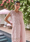 Farah Talib Aziz | Designer Picks 24 | KARINA BLUSH SCHIFFLI RAW SILK SHIRT WITH PRE-DRAPED DUPATTA by Farah Talib Aziz - Designer Dress - Type: Ladies Clothes - Available at Libayah - 100% Original