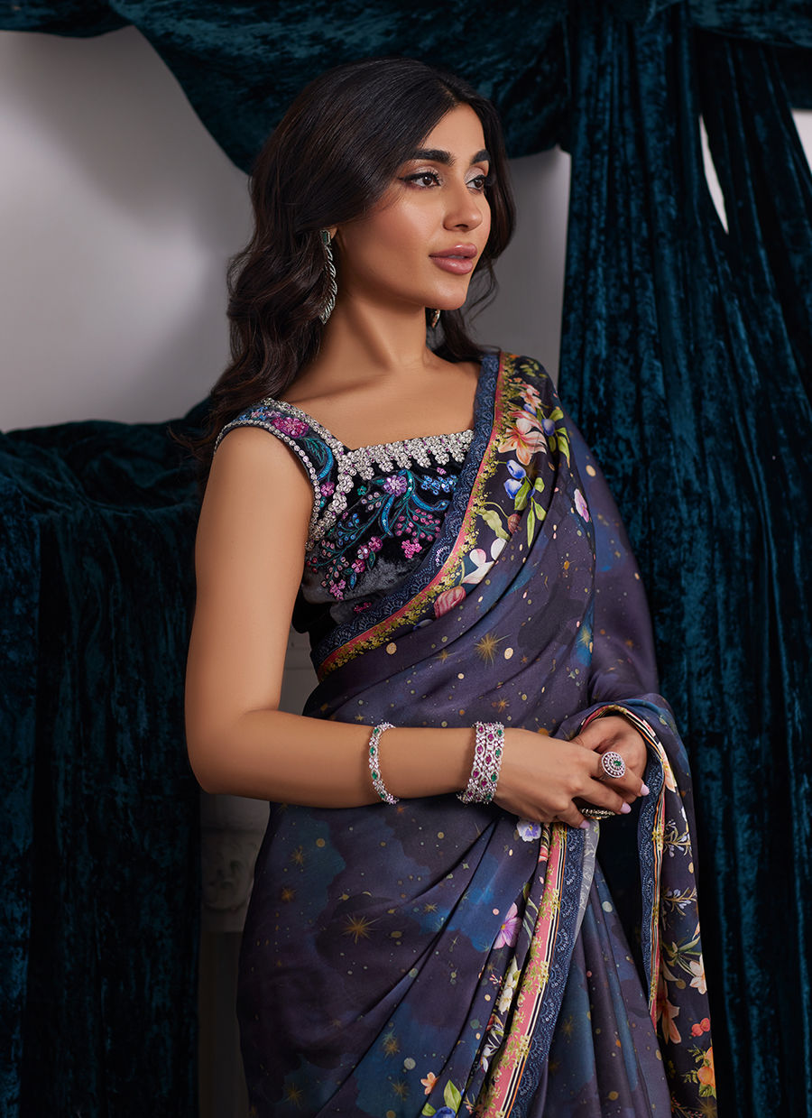 Farah Talib Aziz | Velvets The After Party | ALIXIA CHARMEUSE SAREE WITH VELVET BLOUSE by Farah Talib Aziz - Designer Dress - Type: Ladies Clothes - Available at Libayah - 100% Original