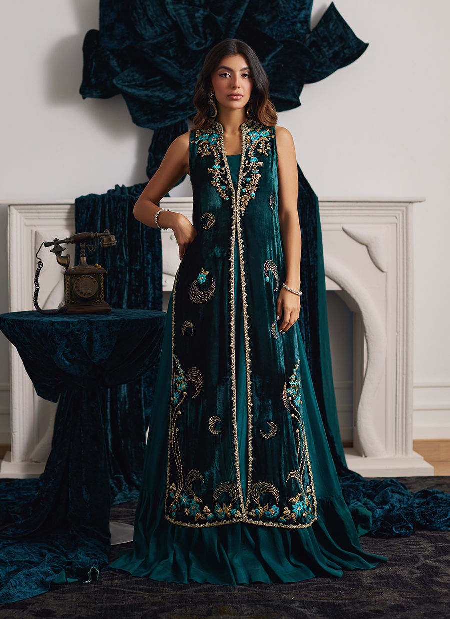 Farah Talib Aziz | Velvets The After Party | ORMAIE EMERALD SHIRT AND PANELLED DRESS JACKET by Farah Talib Aziz - Designer Dress - Type: Ladies Clothes - Available at Libayah - 100% Original