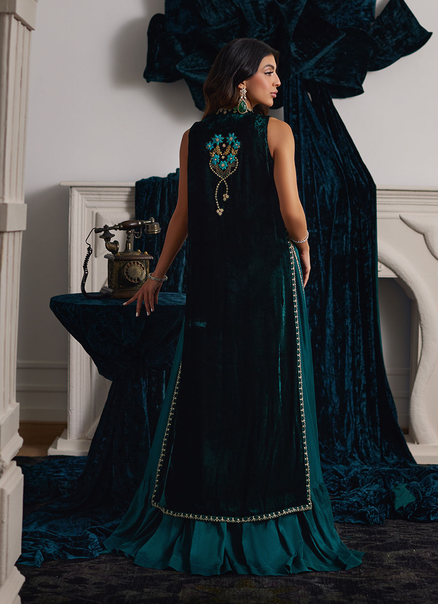 Farah Talib Aziz | Velvets The After Party | ORMAIE EMERALD SHIRT AND PANELLED DRESS JACKET by Farah Talib Aziz - Designer Dress - Type: Ladies Clothes - Available at Libayah - 100% Original