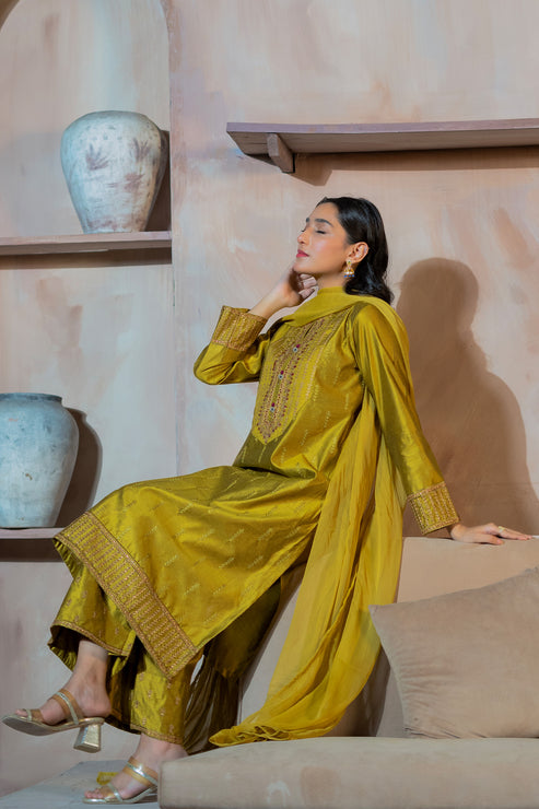 Kross Kulture | Luxury Baharaneh | Tazehro (Olive) KLX-00930 by Kross Kulture - Designer Dress - Type: Ladies Clothes - Available at Libayah - 100% Original