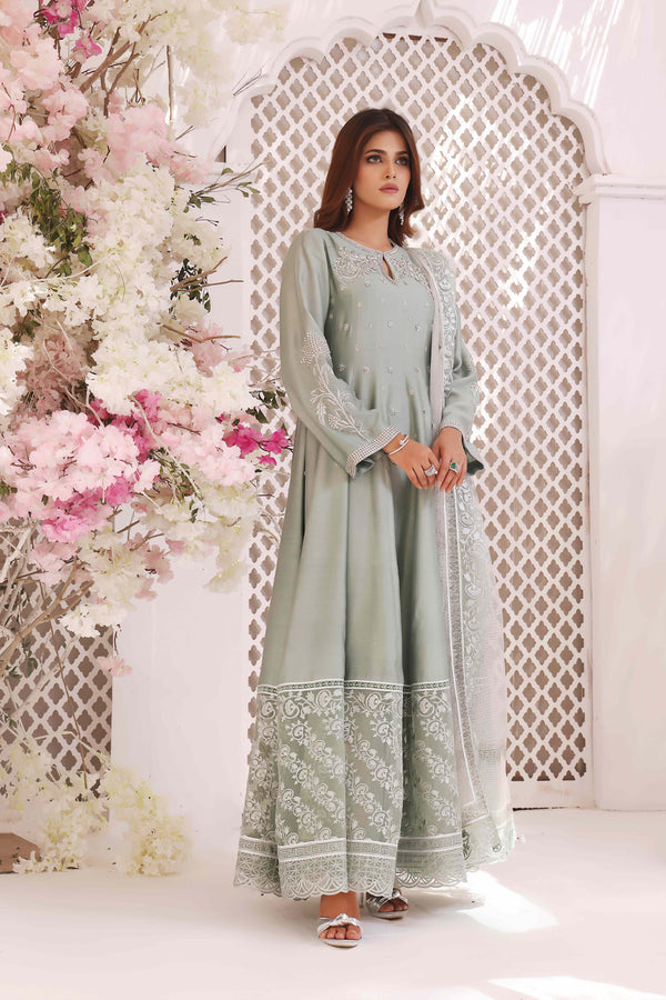 Wahajmkhan | Sitara Formals | MINT SILK ANARKALI OUTFIT by Wahaj M.Khan - Designer Dress - Type: Ladies Clothes - Available at Libayah - 100% Original