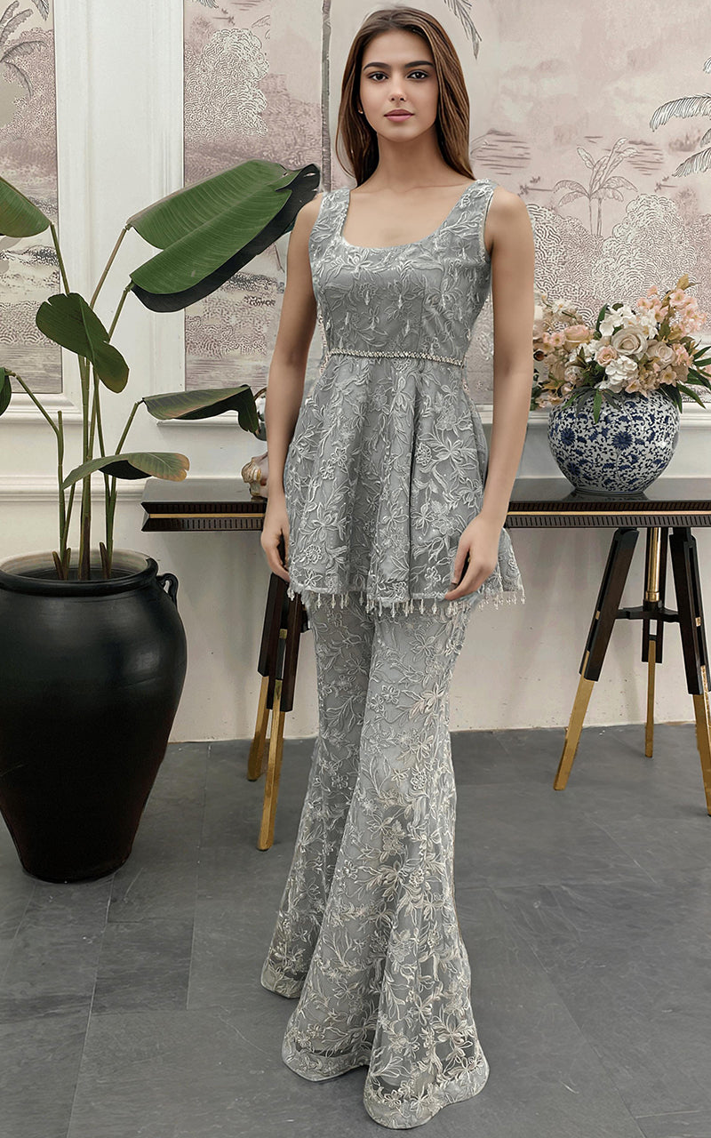 Threads and Motifs | Formal Dresses 25 | Net Embroidered Peplum by Threads and Motifs - Designer Dress  - Type : Ladies Clothes - Available at Libayah - 100% Original 