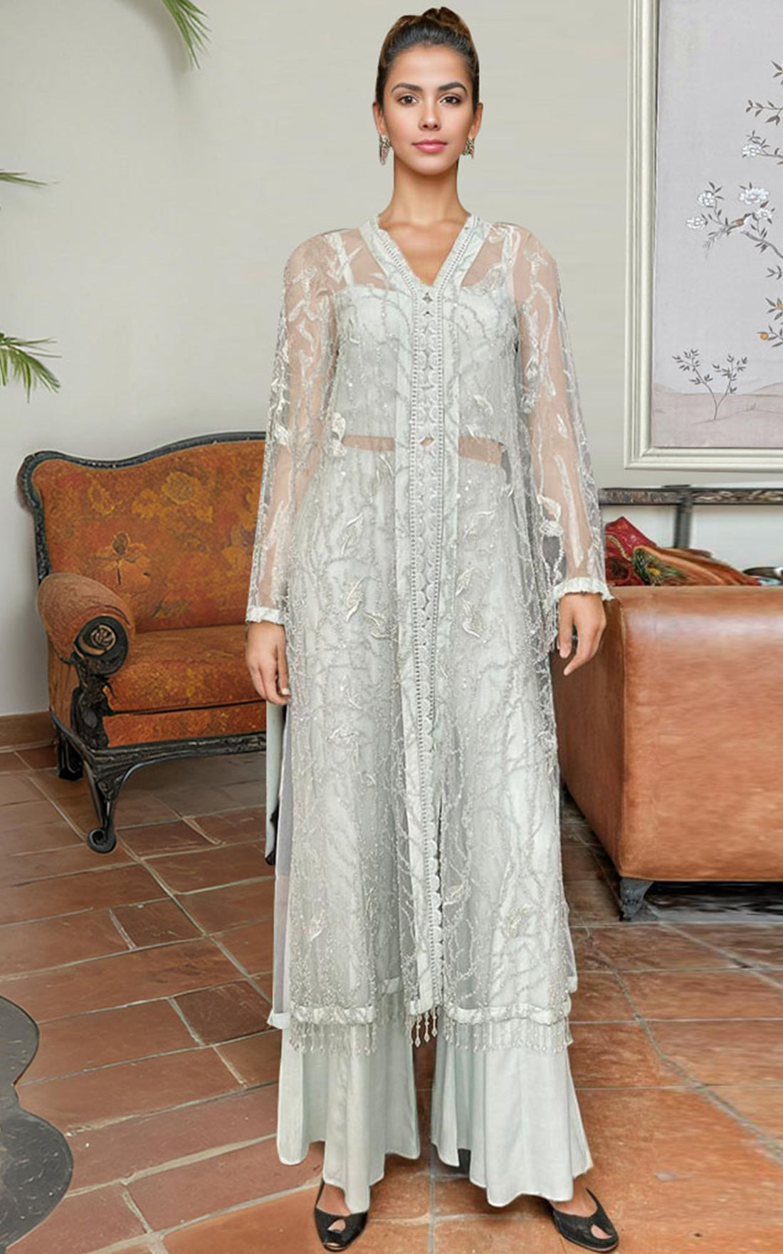 Threads and Motifs | Formal Dresses 25 | Net Embroidered Jacket With Trouser by Threads and Motifs - Designer Dress  - Type : Ladies Clothes - Available at Libayah - 100% Original 