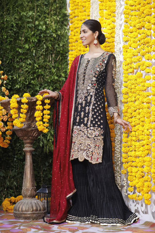 Wahajmbegum | Mehrunnisa Wedding Formals | BLACK & MAROON COUTURE OUTFIT by Wahaj M.Khan - Designer Dress - Type: Ladies Clothes - Available at Libayah - 100% Original