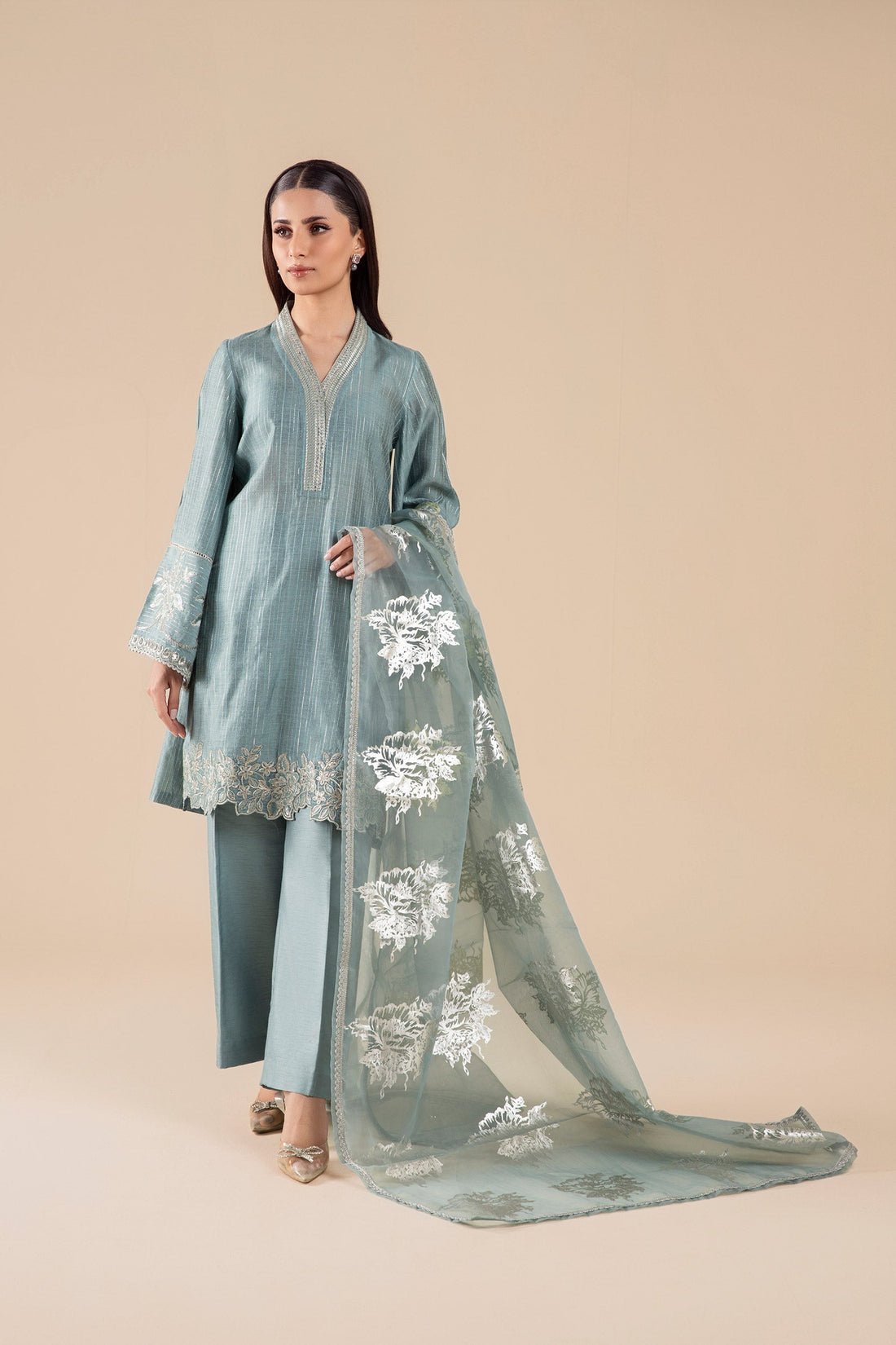 Maria B | Basics RTW | 3 Pc Embroidered Two Tone Lurex Silk Suit | MB-FS25-28 by Maria B - Designer Dress - Type: Ladies Clothes - Available at Libayah - 100% Original