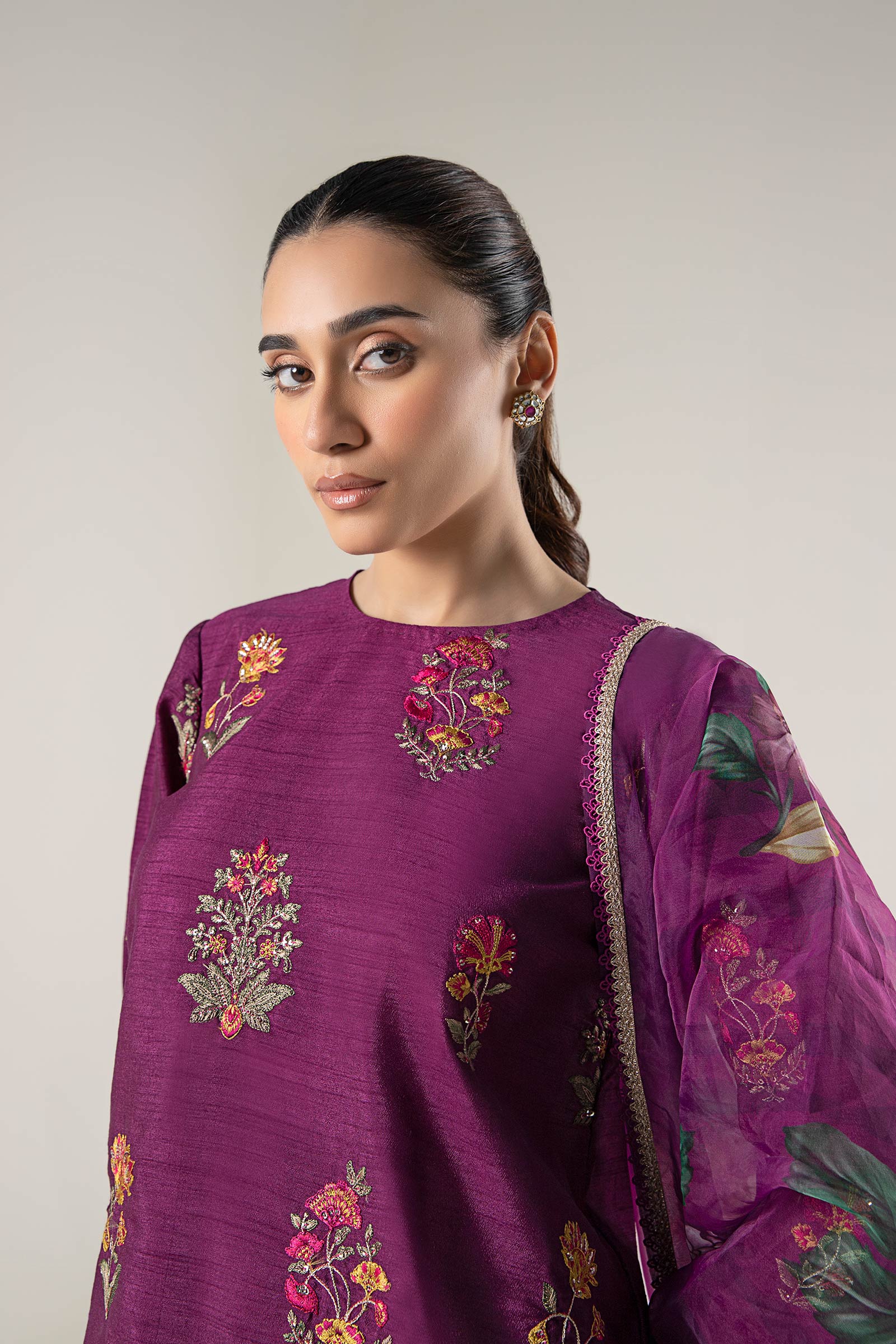 Maria B | Basics RTW | 3 Pc Embroidered Raw Silk Suit | MB-WF24-47 by Maria B - Designer Dress - Type: Ladies Clothes - Available at Libayah - 100% Original