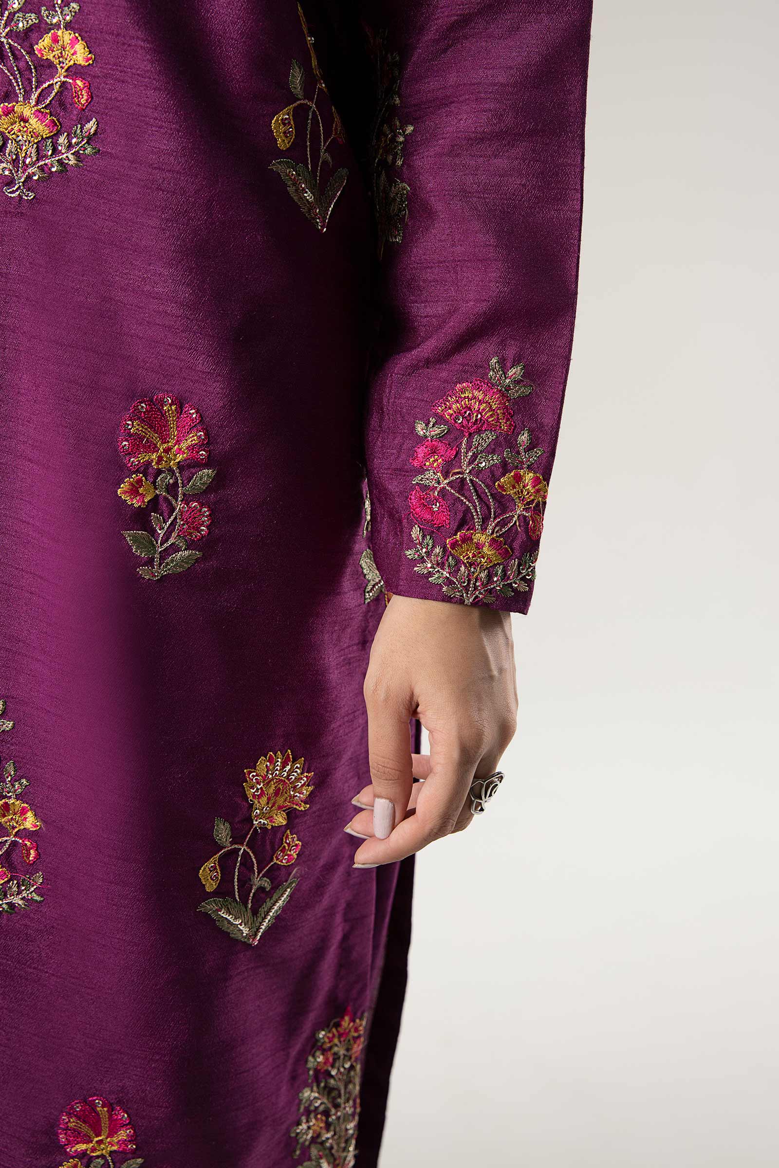 Maria B | Basics RTW | 3 Pc Embroidered Raw Silk Suit | MB-WF24-47 by Maria B - Designer Dress - Type: Ladies Clothes - Available at Libayah - 100% Original