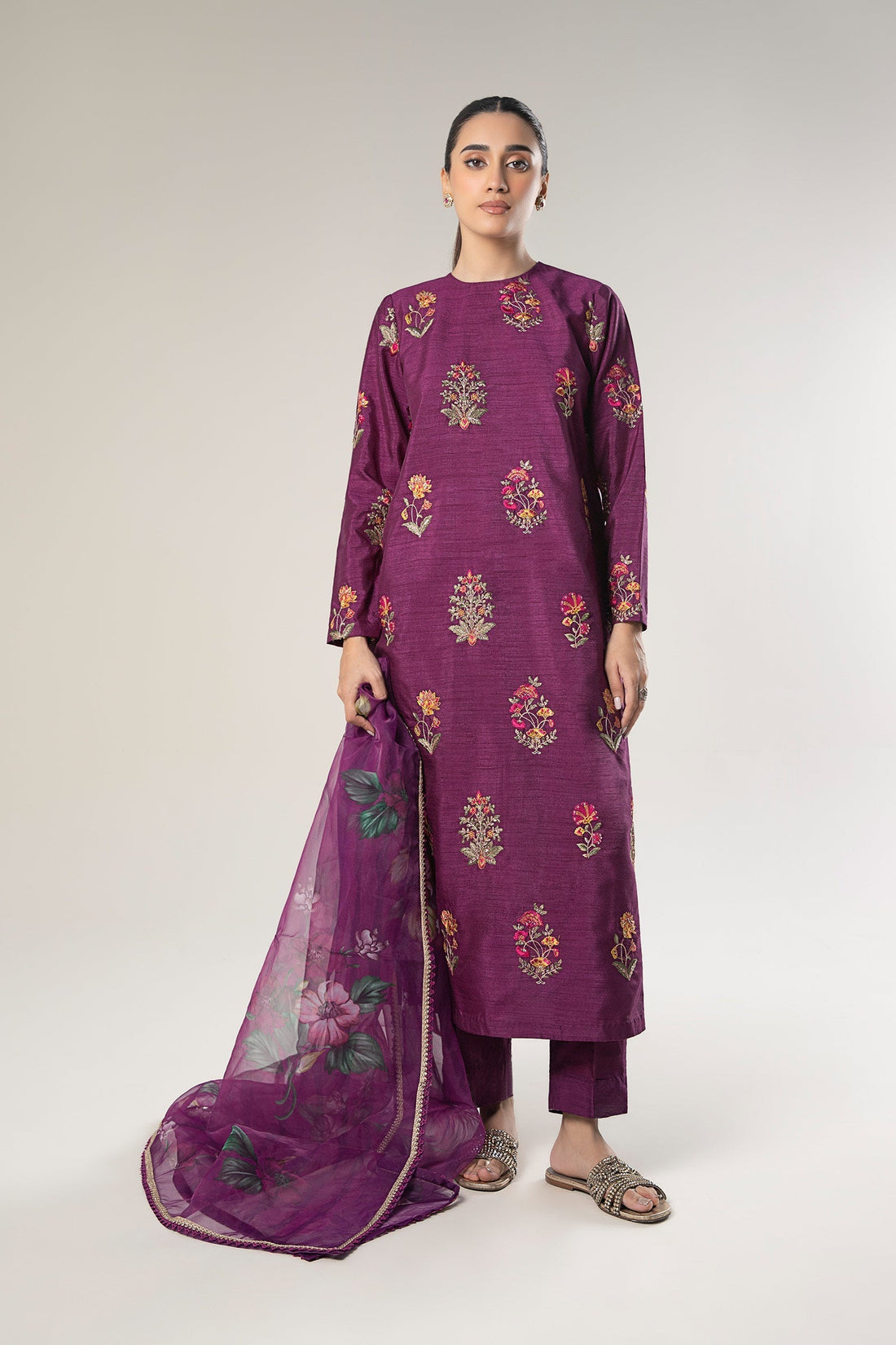 Maria B | Basics RTW | 3 Pc Embroidered Raw Silk Suit | MB-WF24-47 by Maria B - Designer Dress - Type: Ladies Clothes - Available at Libayah - 100% Original