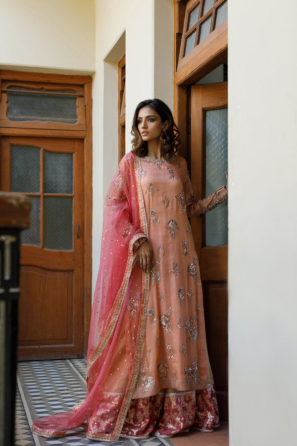 Wahajmkhan | Bahar Begum Formals | PEACH CORAL BAHAR OUTFIT by Wahaj M.Khan - Designer Dress - Type: Ladies Clothes - Available at Libayah - 100% Original