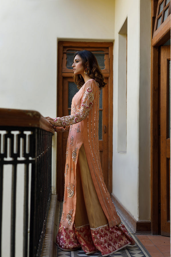 Wahajmkhan | Bahar Begum Formals | PEACH CORAL BAHAR OUTFIT by Wahaj M.Khan - Designer Dress - Type: Ladies Clothes - Available at Libayah - 100% Original