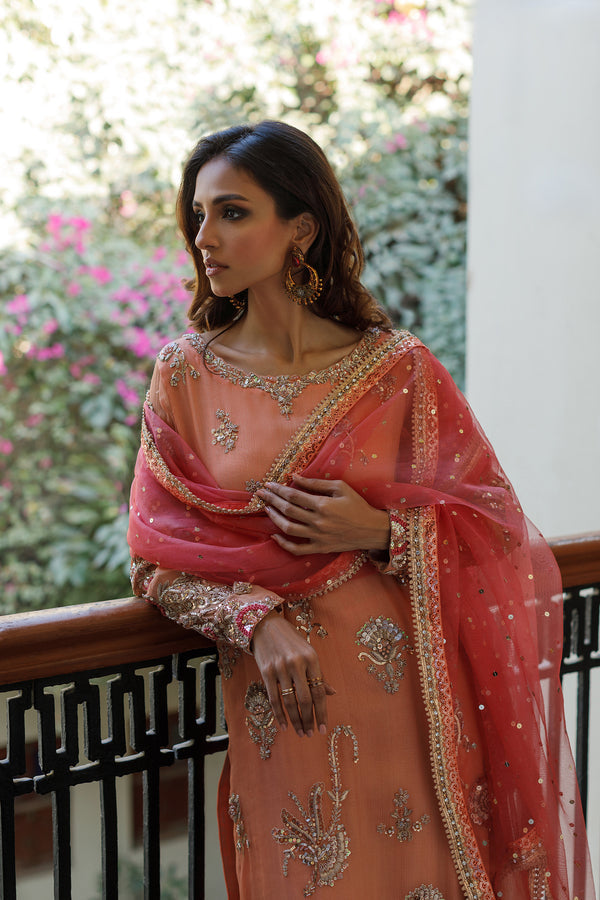 Wahajmkhan | Bahar Begum Formals | PEACH CORAL BAHAR OUTFIT by Wahaj M.Khan - Designer Dress - Type: Ladies Clothes - Available at Libayah - 100% Original