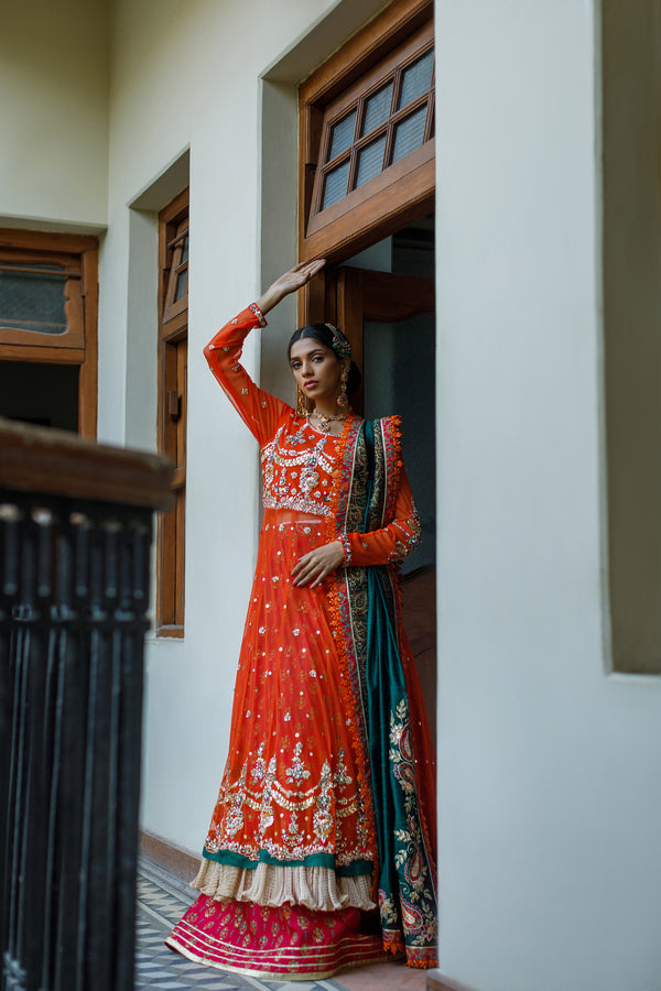 Wahajmkhan | Bahar Begum Formals | BURNT & EMERALD SHAWL ANARKALI by Wahaj M.Khan - Designer Dress - Type: Ladies Clothes - Available at Libayah - 100% Original