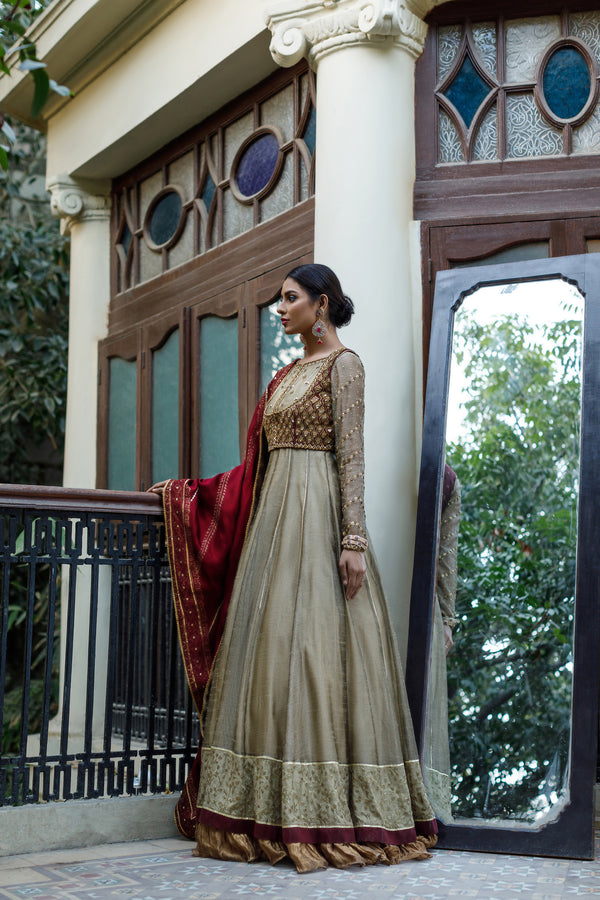 Wahajmkhan | Bahar Begum Formals | IVORY & MAROON BEGUM PESHWAS by Wahaj M.Khan - Designer Dress - Type: Ladies Clothes - Available at Libayah - 100% Original