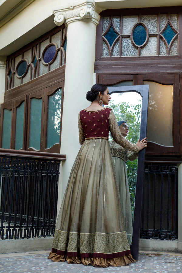 Wahajmkhan | Bahar Begum Formals | IVORY & MAROON BEGUM PESHWAS by Wahaj M.Khan - Designer Dress - Type: Ladies Clothes - Available at Libayah - 100% Original