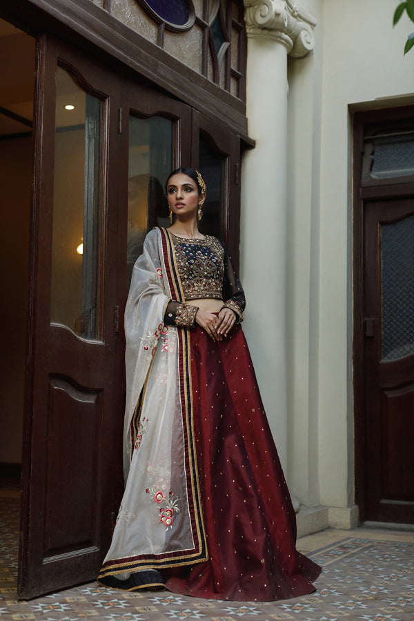 Wahajmkhan | Bahar Begum Formals | BLACK & MAROON BEGUM LEHNGA by Wahaj M.Khan - Designer Dress - Type: Ladies Clothes - Available at Libayah - 100% Original