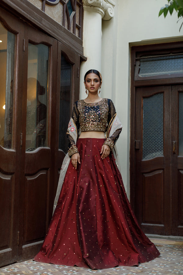 Wahajmkhan | Bahar Begum Formals | BLACK & MAROON BEGUM LEHNGA by Wahaj M.Khan - Designer Dress - Type: Ladies Clothes - Available at Libayah - 100% Original