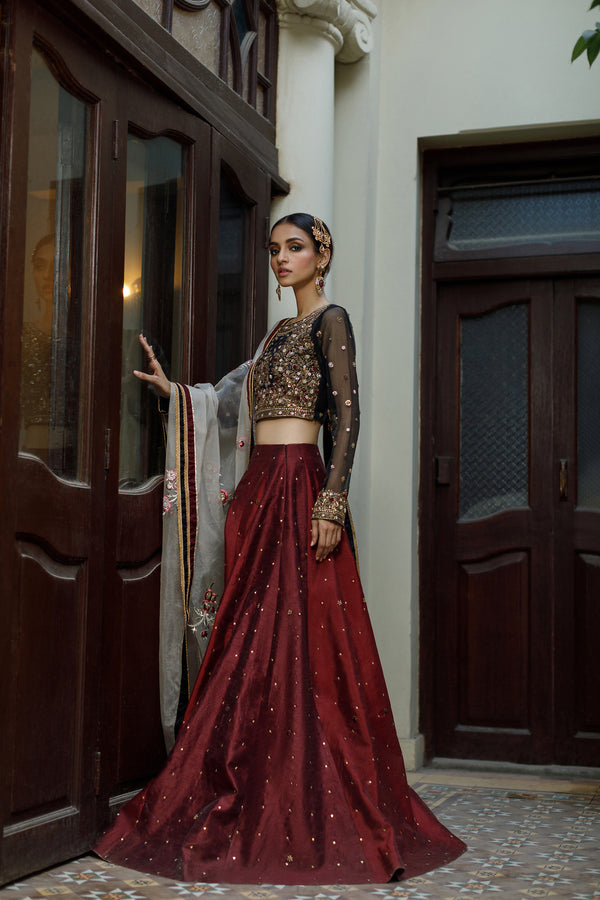 Wahajmkhan | Bahar Begum Formals | BLACK & MAROON BEGUM LEHNGA by Wahaj M.Khan - Designer Dress - Type: Ladies Clothes - Available at Libayah - 100% Original