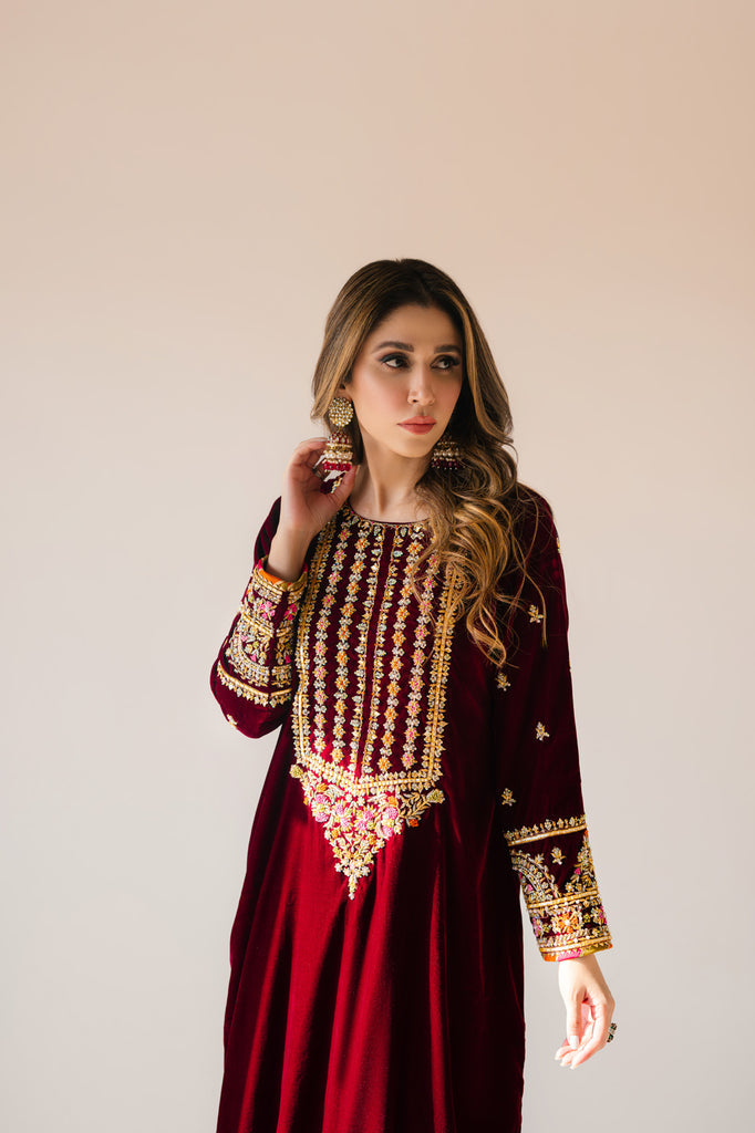 Sammy K | Velvet Festive Edit | Maroon Maxi velvet Outfit by Sammy K - Designer Dress - Type: Ladies Clothes - Available at Libayah - 100% Original