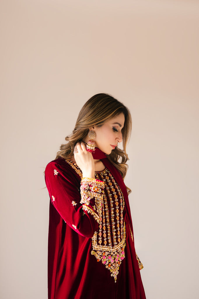 Sammy K | Velvet Festive Edit | Maroon Maxi velvet Outfit by Sammy K - Designer Dress - Type: Ladies Clothes - Available at Libayah - 100% Original