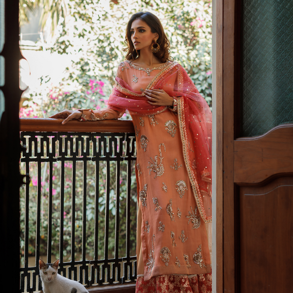 Wahajmkhan | Bahar Begum Formals | PEACH CORAL BAHAR OUTFIT by Wahaj M.Khan - Designer Dress - Type: Ladies Clothes - Available at Libayah - 100% Original
