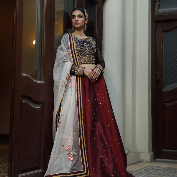 Wahajmkhan | Bahar Begum Formals | BLACK & MAROON BEGUM LEHNGA by Wahaj M.Khan - Designer Dress - Type: Ladies Clothes - Available at Libayah - 100% Original