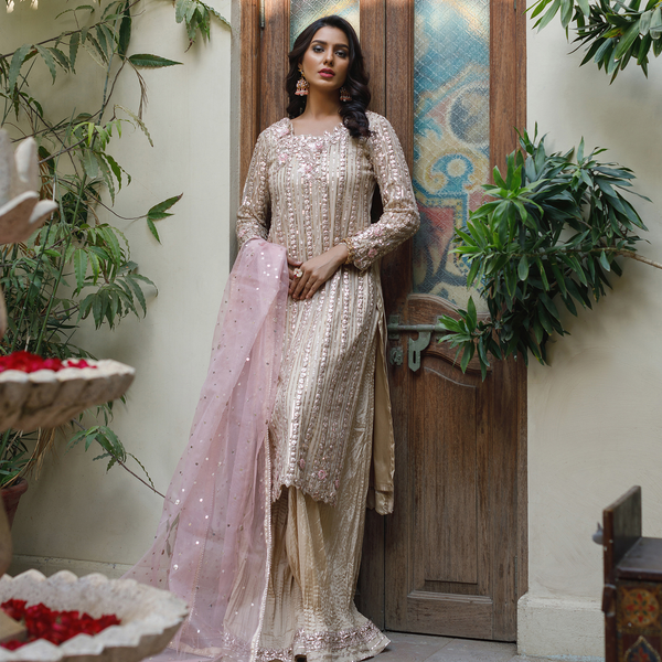 Wahajmkhan | Bahar Begum Formals | IVORY ROSE GOLD GOTTA JORA by Wahaj M.Khan - Designer Dress - Type: Ladies Clothes - Available at Libayah - 100% Original