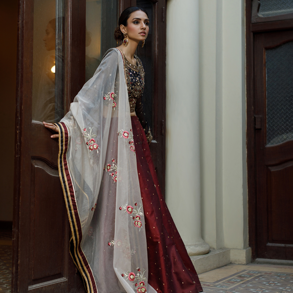 Wahajmkhan | Bahar Begum Formals | BLACK & MAROON BEGUM LEHNGA by Wahaj M.Khan - Designer Dress - Type: Ladies Clothes - Available at Libayah - 100% Original