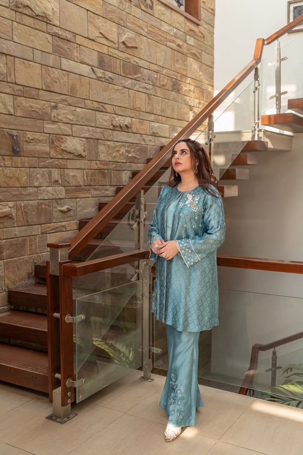 Wahaj M Khan | The Print Story |    Periwinkle Sheesha Jacket by Wahaj M Khan - Designer Dress - Type: Ladies Clothes - Available at Libayah - 100% Original
