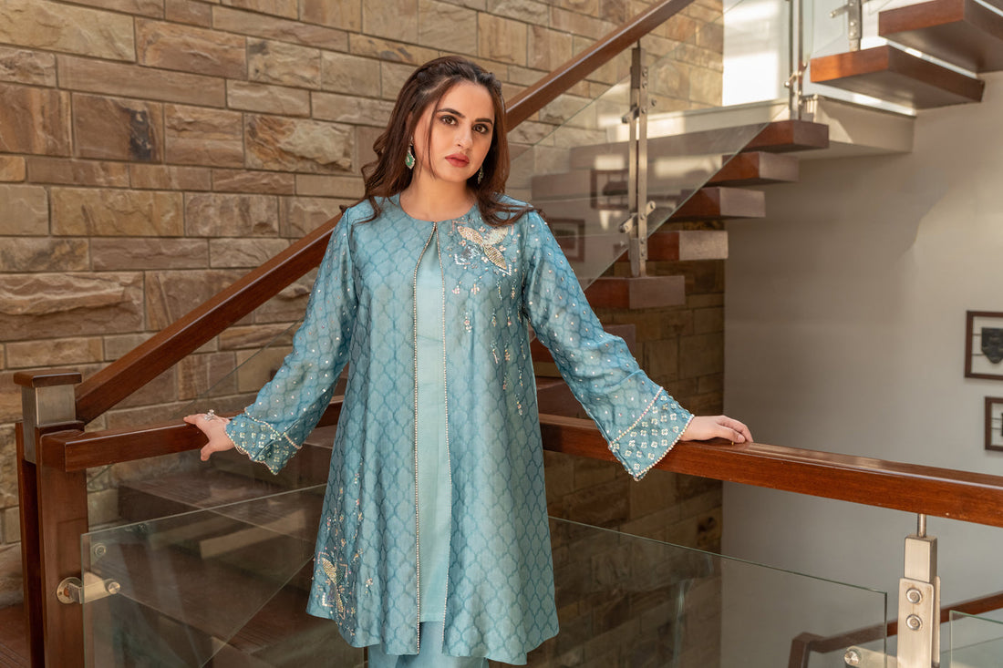 Wahaj M Khan | The Print Story |    Periwinkle Sheesha Jacket by Wahaj M Khan - Designer Dress - Type: Ladies Clothes - Available at Libayah - 100% Original