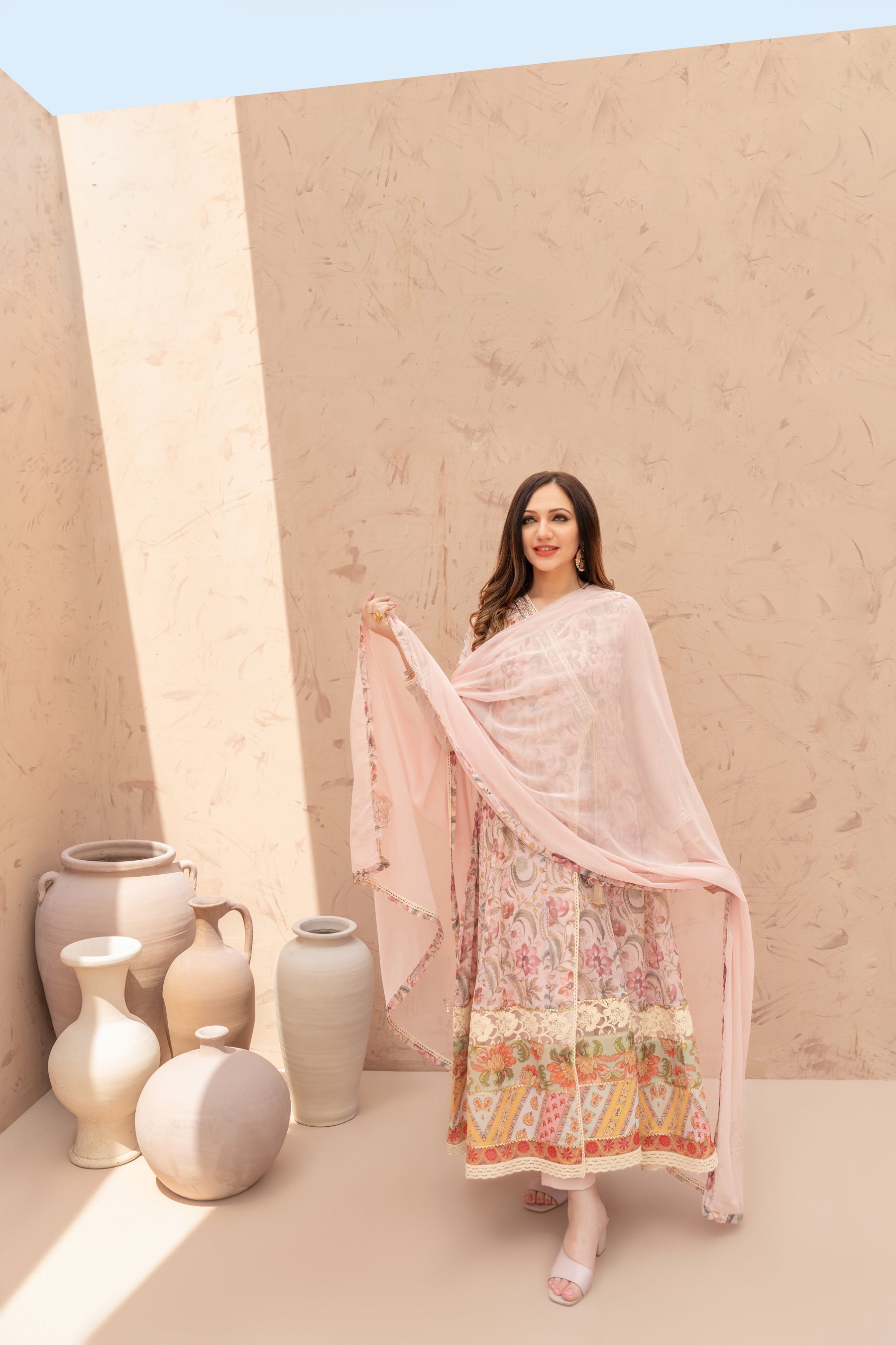 Wahaj M Khan | The Print Story |  Pink Peach TPS Angarkha by Wahaj M Khan - Designer Dress - Type: Ladies Clothes - Available at Libayah - 100% Original