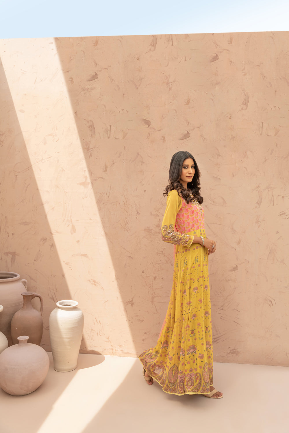 Wahaj M Khan | The Print Story |   Yellow Printed TPS Anarkali by Wahaj M Khan - Designer Dress - Type: Ladies Clothes - Available at Libayah - 100% Original