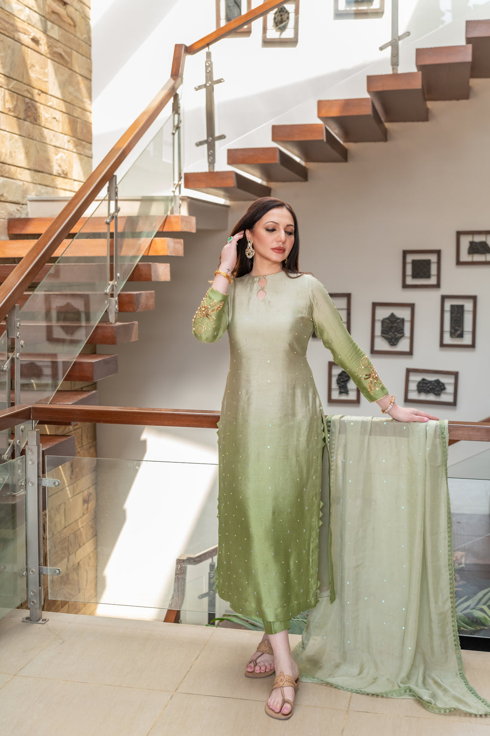 Wahaj M Khan | The Print Story | Sage Green Shaded Outfit by Wahaj M Khan - Designer Dress - Type: Ladies Clothes - Available at Libayah - 100% Original