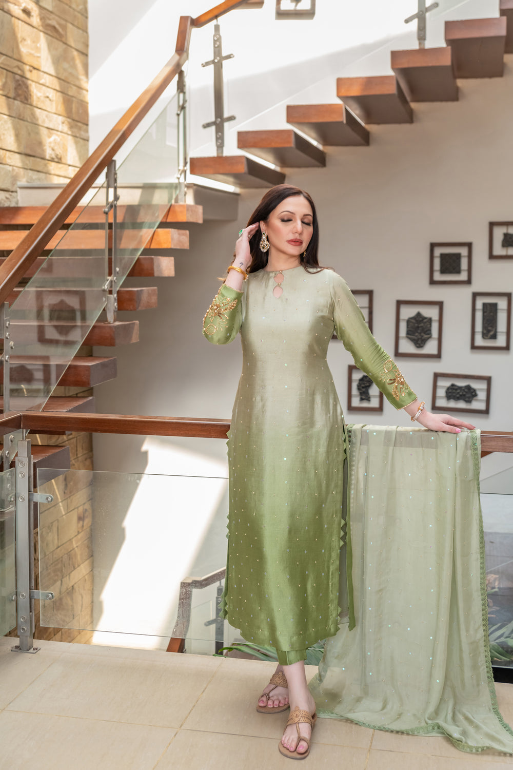 Wahaj M Khan | The Print Story | Sage Green Shaded Outfit by Wahaj M Khan - Designer Dress - Type: Ladies Clothes - Available at Libayah - 100% Original