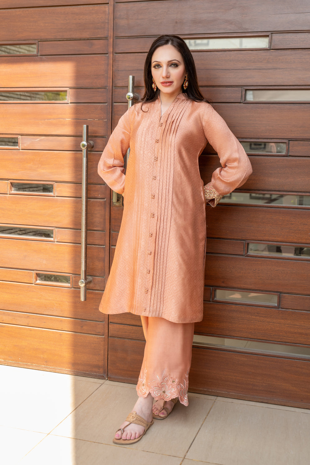 Wahaj M Khan | The Print Story |  Salmon Peach Sheesha Outfit by Wahaj M Khan - Designer Dress - Type: Ladies Clothes - Available at Libayah - 100% Original