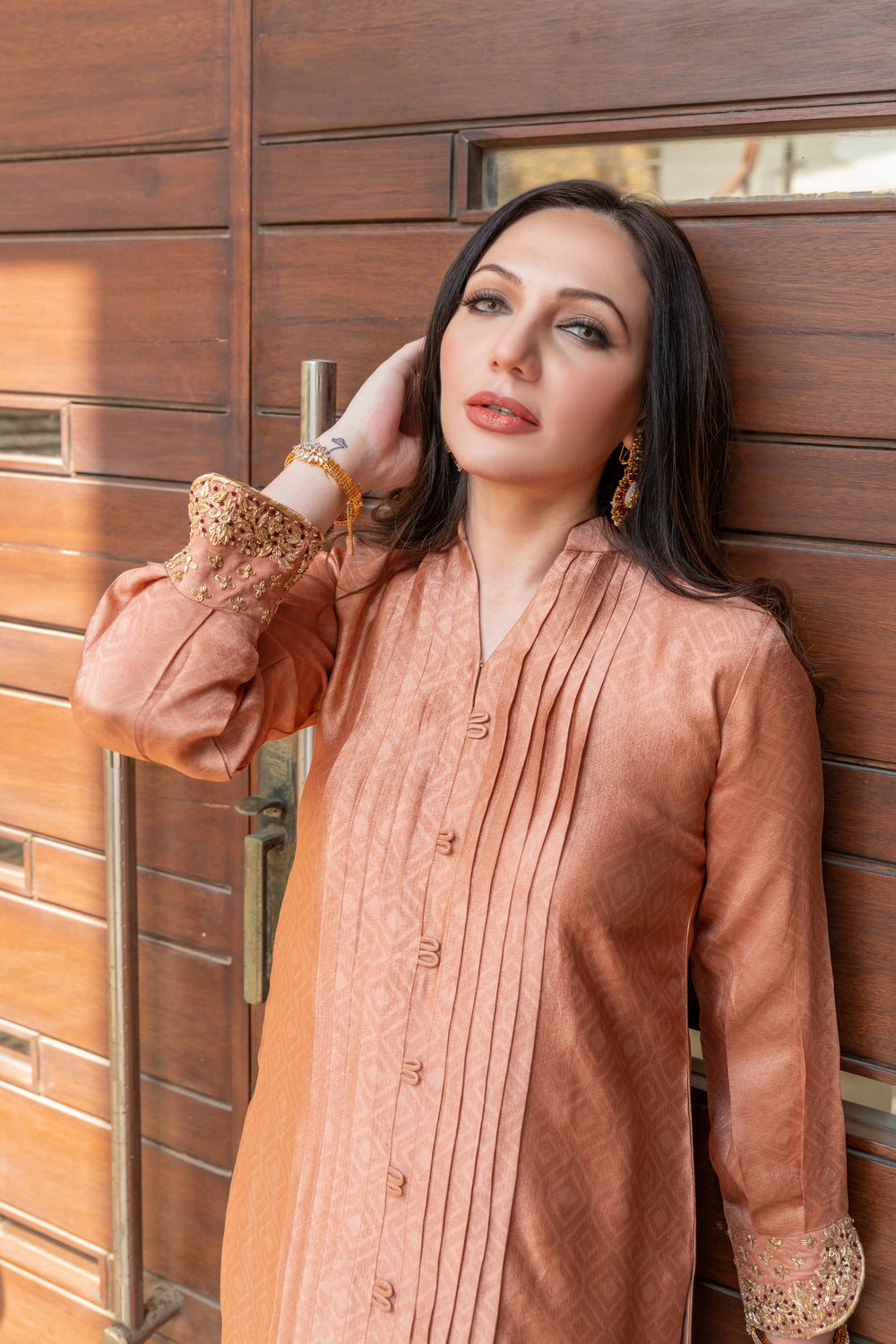 Wahaj M Khan | The Print Story |  Salmon Peach Sheesha Outfit by Wahaj M Khan - Designer Dress - Type: Ladies Clothes - Available at Libayah - 100% Original