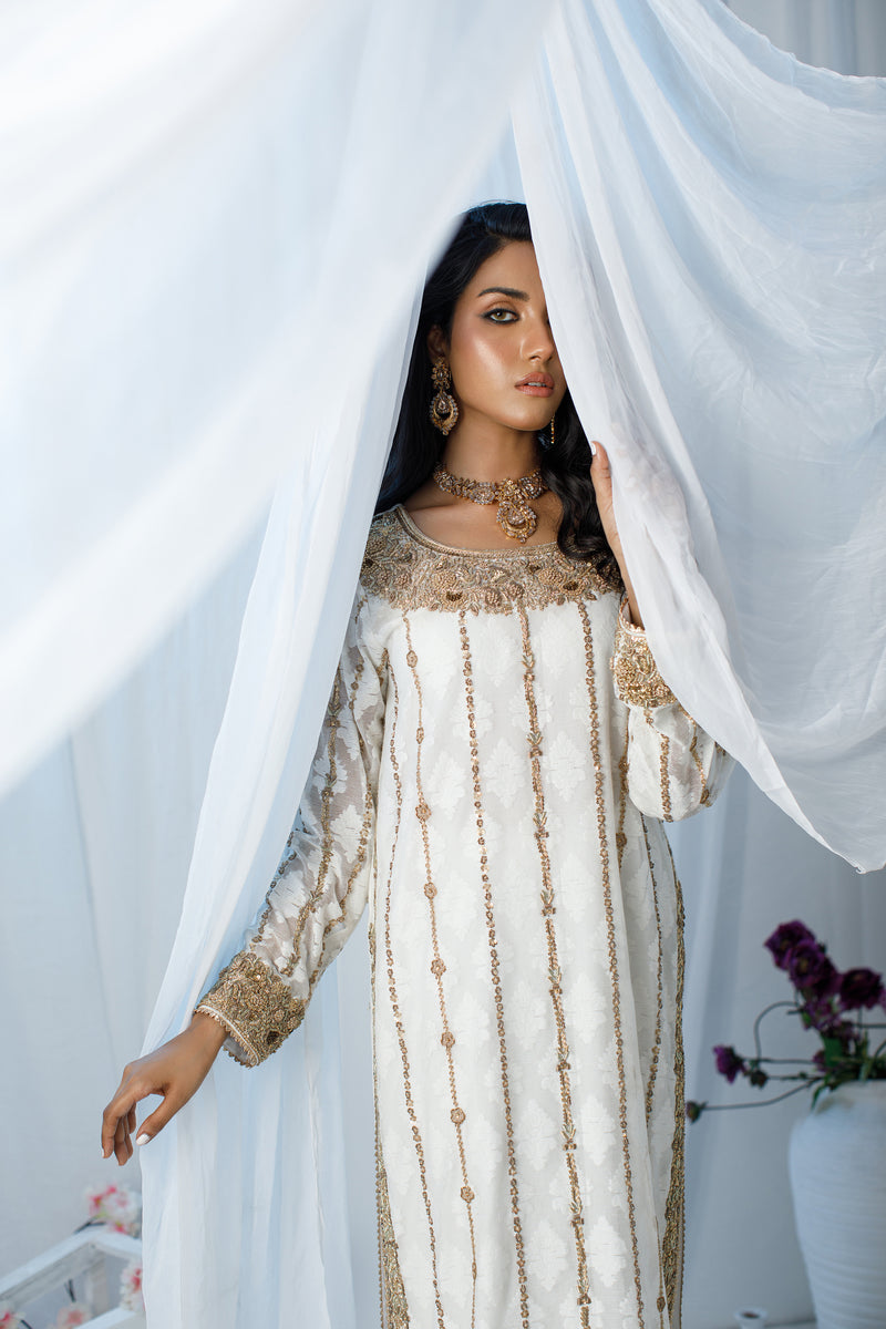 Wahaj M Khan | Zohra Drop 2 Formals | White & Gold Zohra Outfit by Wahaj M.Khan - Designer Dress - Type: Ladies Clothes - Available at Libayah - 100% Original