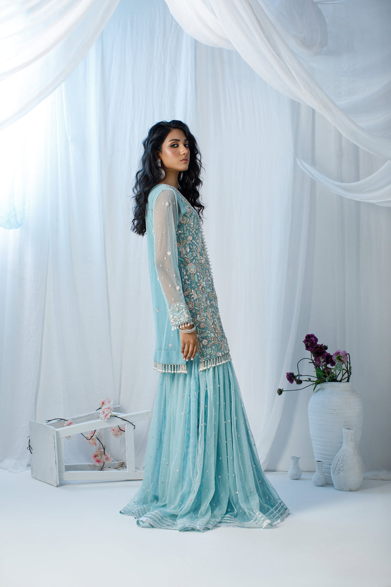 Wahaj M Khan | Zohra Drop 2 Formals | Ferozi & Peach Gharara Set by Wahaj M.Khan - Designer Dress - Type: Ladies Clothes - Available at Libayah - 100% Original