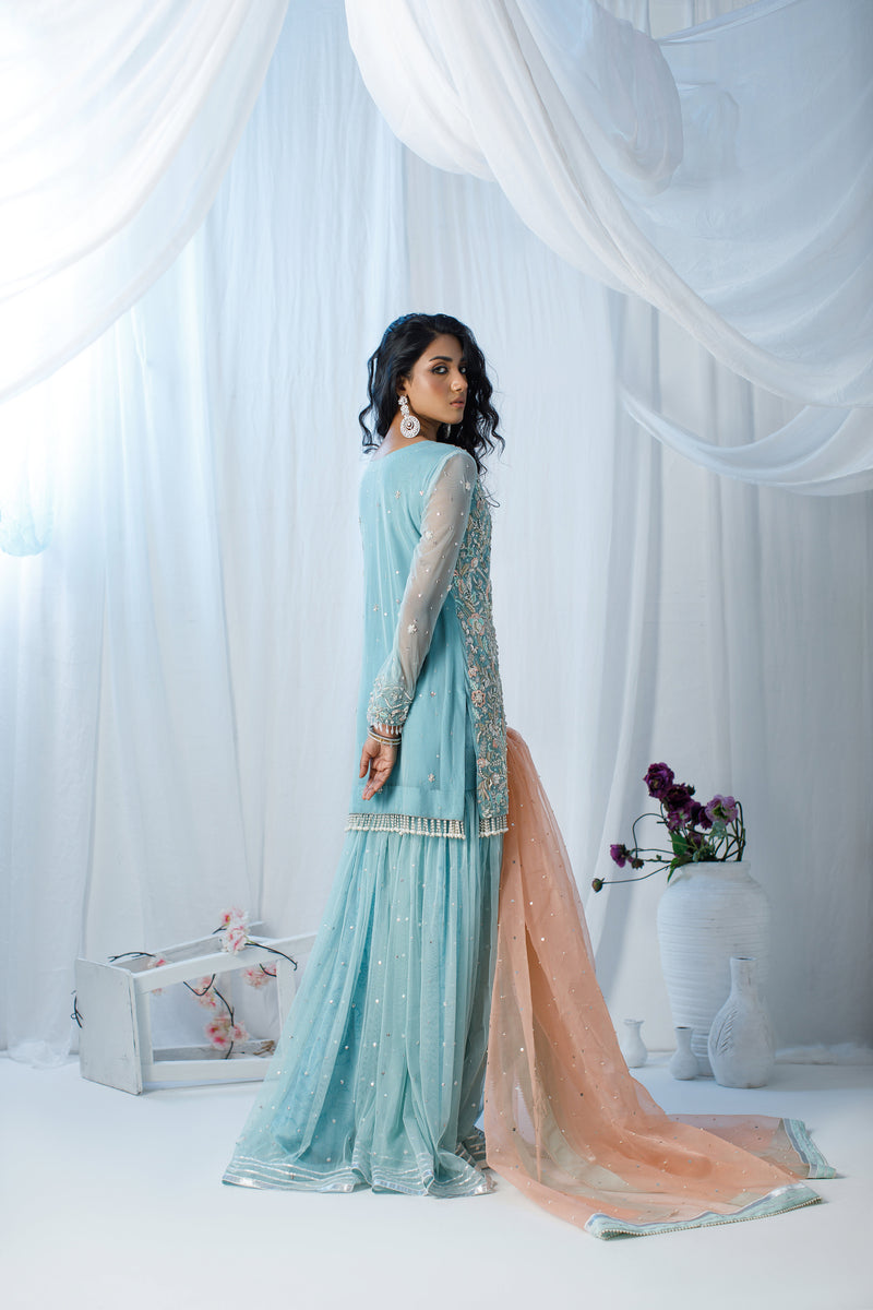 Wahaj M Khan | Zohra Drop 2 Formals | Ferozi & Peach Gharara Set by Wahaj M.Khan - Designer Dress - Type: Ladies Clothes - Available at Libayah - 100% Original