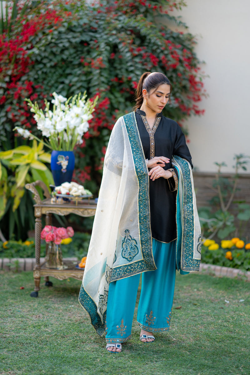 Wahaj M Khan | Pari Collection | Black Turquoise Pari Outfit by Wahaj M Khan - Designer Dress  - Type : Ladies Clothes - Available at Libayah - 100% Original 