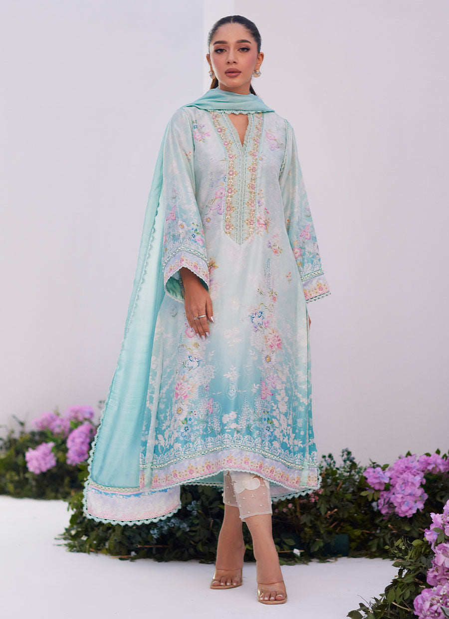 Farah Talib Aziz | Zaza Prints 24 | CYAN OMBRE SHIRT AND DUPATTA by Farah Talib Aziz - Designer Dress - Type: Ladies Clothes - Available at Libayah - 100% Original